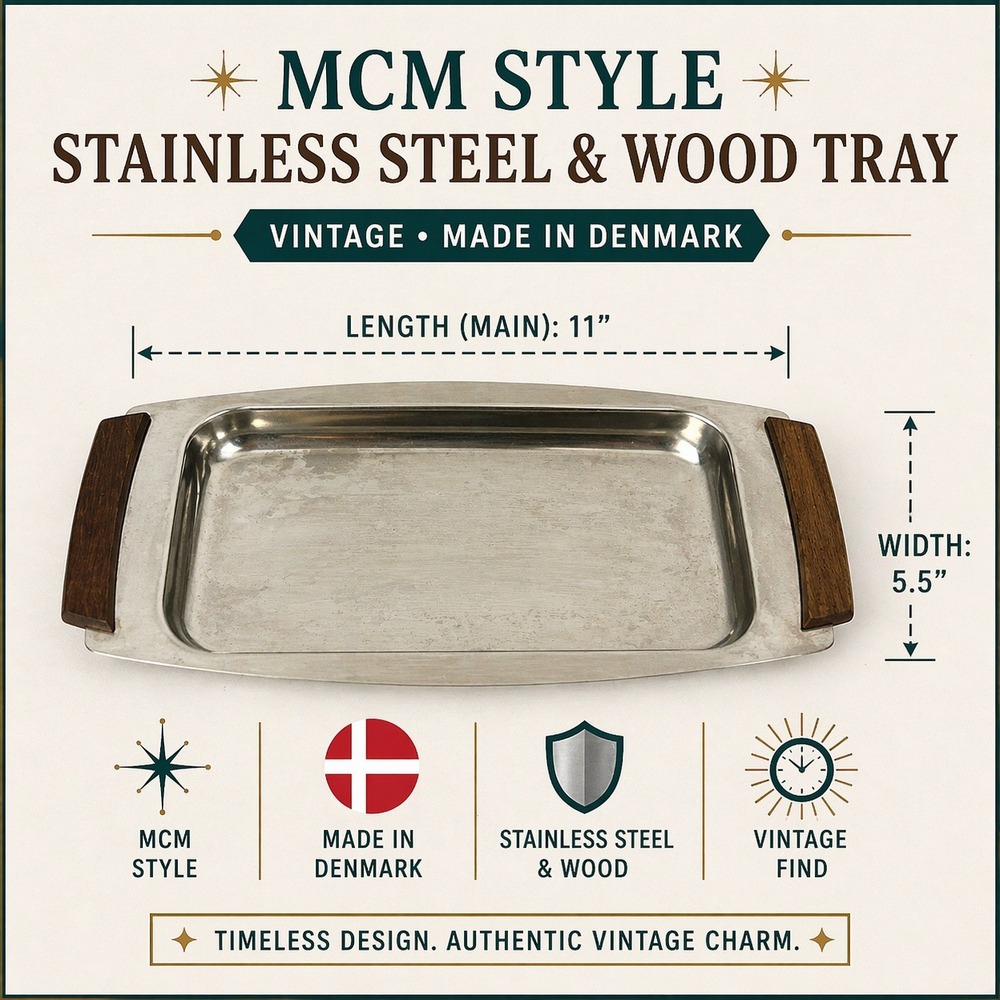 Vintage Danish Modern Stainless Steel 18-8 Serving Tray Wood Handles Denmark